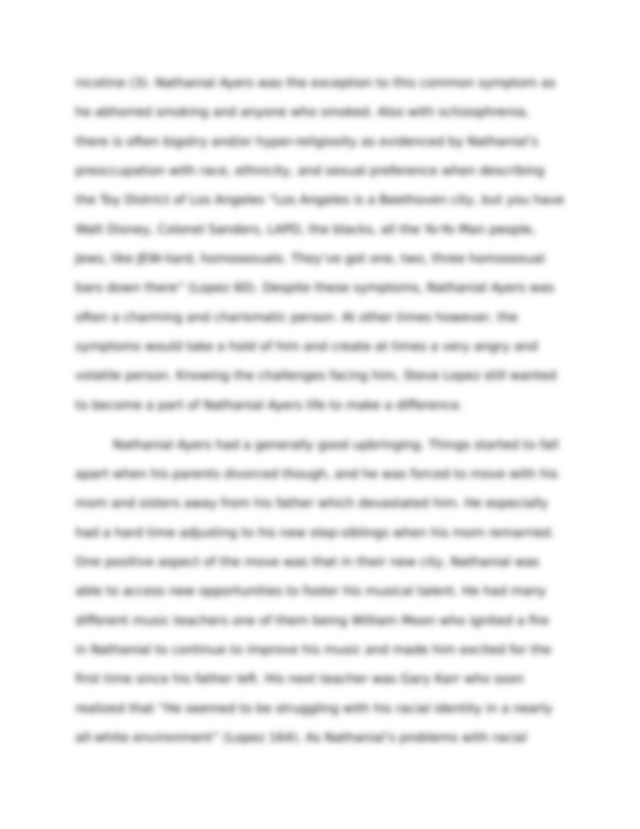 Steve Lopez's View of Nathaniel Ayers' Story with Schizophrenia as  Exemplified in the Soloist: [Essay Example], 1527 words GradesFixer